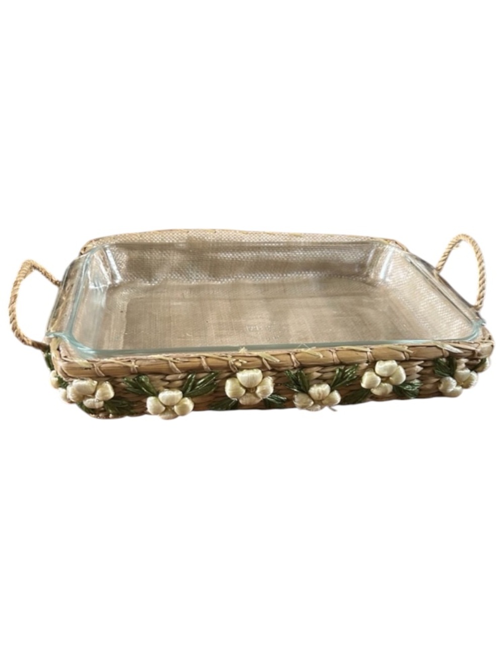 Vintage Pyrex Lasagna Dish and Natural Raffia w Floral Accents Casserole Holder